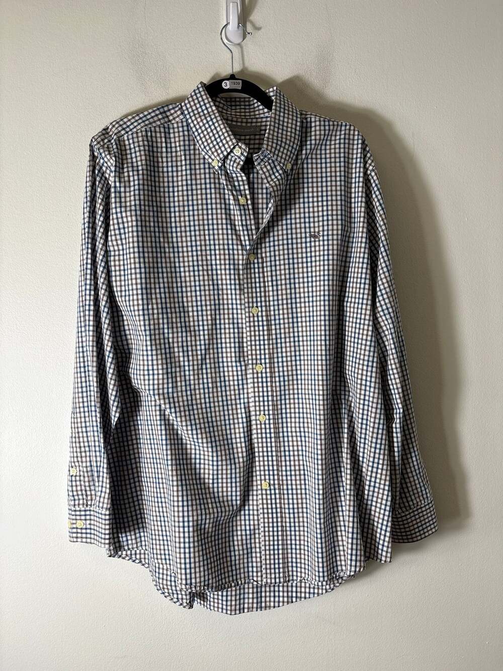 Mens Southern Marsh Blue and Brown Gingham Button Up Shirt Sz L
